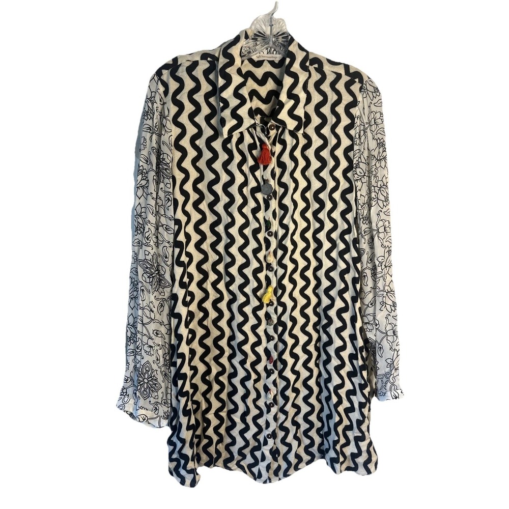 Soft Surroundings Ivory Black White Wave Printed Artsy Boho Tunic Shirt Blouse L